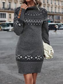 SHEIN Essnce Mẫu Geo Áo cao cổ Đầm Áo len - Xám - Xem 1