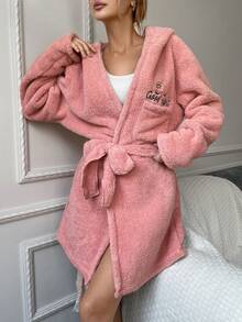 SHEIN Của phụ nữ Thêu Chữ áo có mũ ÁO choàng mặc nhà Với Thắt Lưng - Hồng - Xem 5