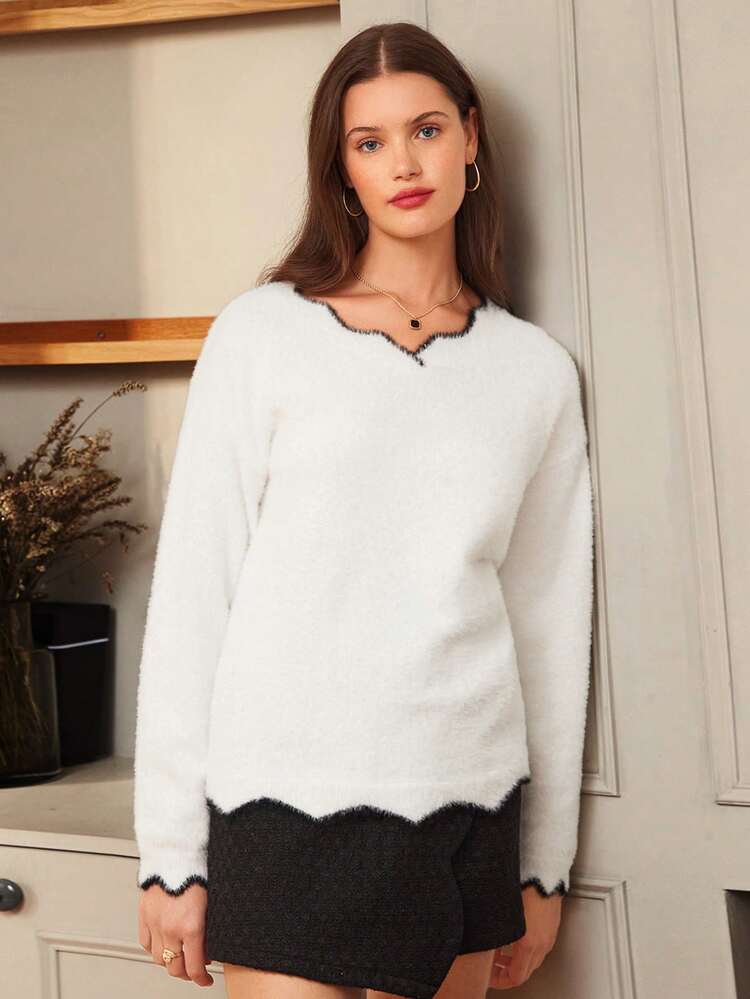 Contrast Trim Drop Shoulder Fluffy Sweater Winter White Casual