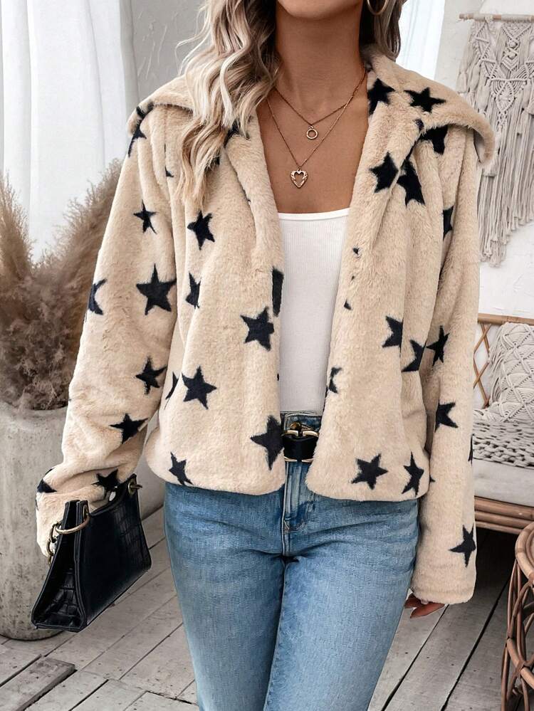 Star Print Open Front Fuzzy Coat