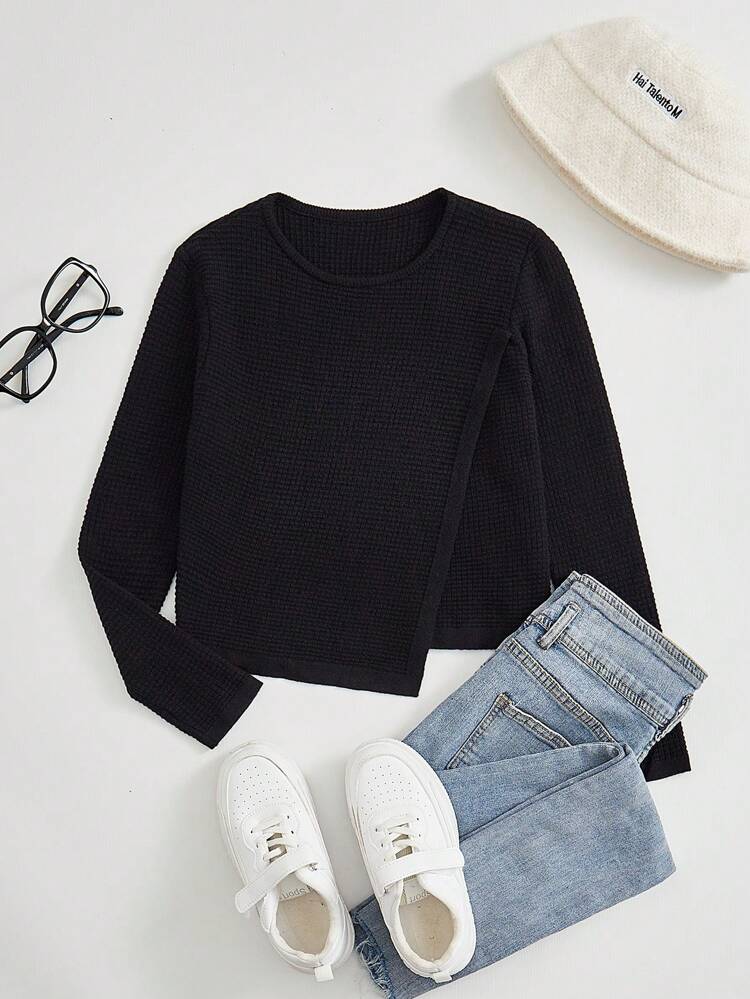 Tween Girl Solid Asymmetrical Hem Sweater
