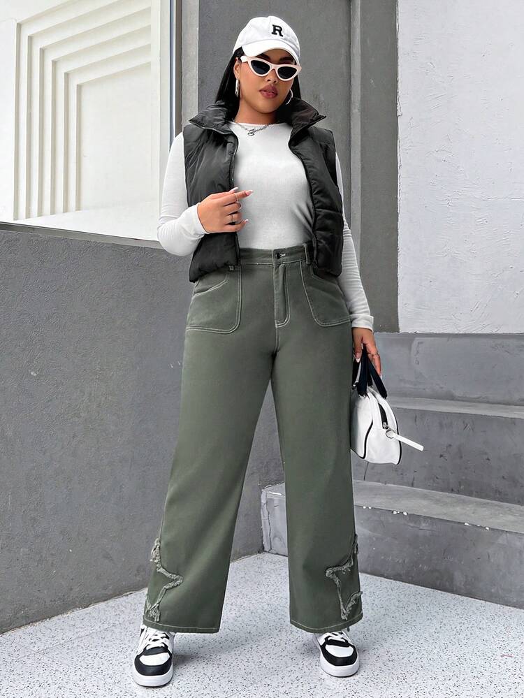 Plus Star Patched Top-stitching Wide Leg Jeans