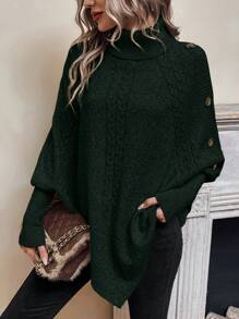 SHEIN Essnce 高領紐扣細節蝙蝠袖斗篷毛衣 - 墨綠色 - 查看 5