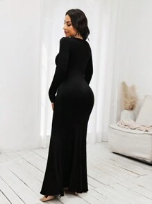 SHEIN SXY 素色魚尾裙下擺緊身洋裝 - 黑色 - 查看 2