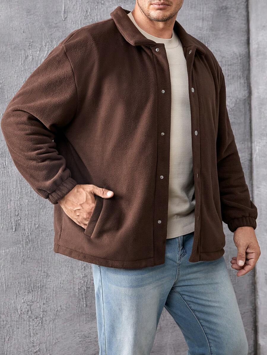 Manfinity Homme Nam Kích thước lớn Lỏng lẻo phù hợp Thả vai Lông cừu Áo khoác Với Túi xéo - Cà phê nâu - Xem 1