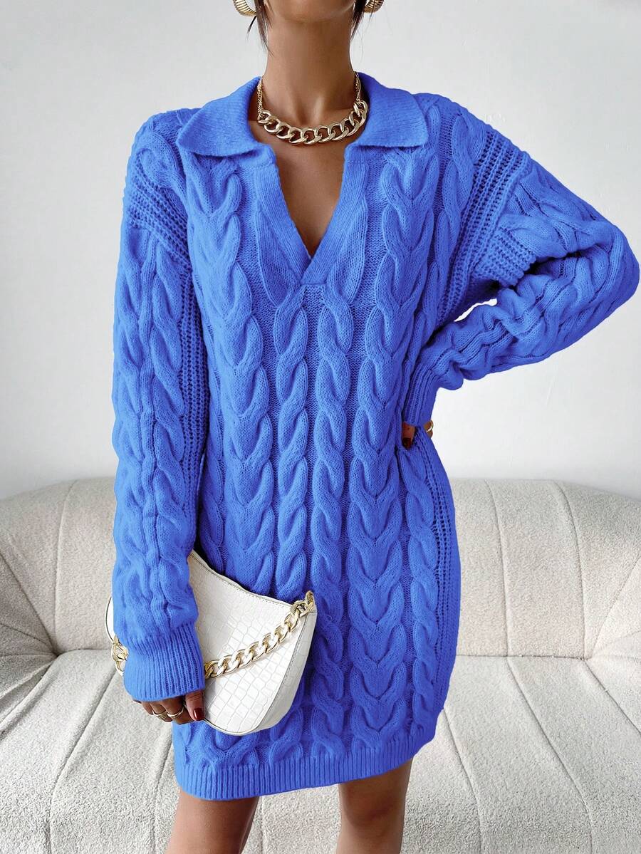 SHEIN Essnce Drop Shoulder Cable Knit Sweater Dress - Blue - View 1
