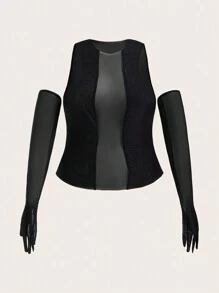 SHEIN ICON 大碼小高領網紗上衣帶袖子 - 黑色 - 查看 1