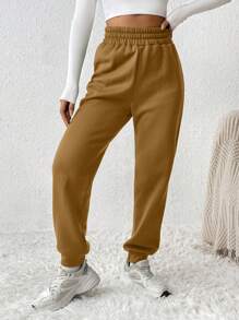 SHEIN PETITE 素色彈性腰帶衛褲 - 棕色 - 查看 5