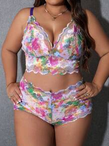 Plus Floral Lace Scallop Trim Lingerie Set - Multicolor - View 3