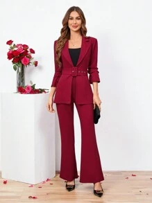 SHEIN Clasi 秋冬女士腰带七分袖褶皱西装 - 酒紅色 - 查看 6