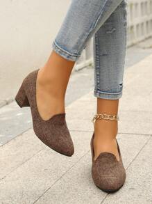 秋冬女士基本款高跟鞋，防滑工作鞋，粗跟圆头设计，优雅 - 黑色 - 查看 5