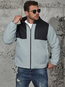Manfinity Homme Abrigo acolchado con capucha con cremallera y bloques de color talla grande para hombres