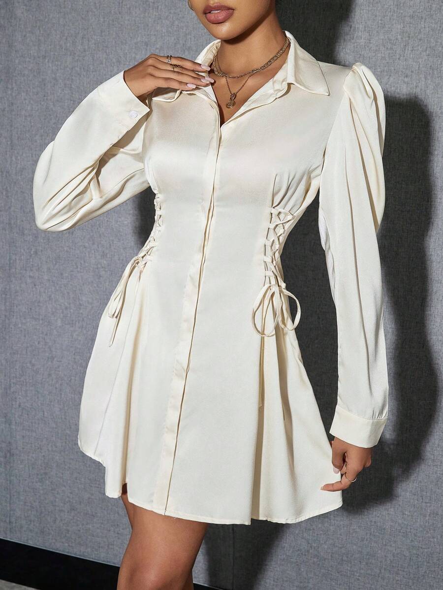 SHEIN Privé Lace Up Side Puff Sleeve Shirt Dress - Beige - View 1