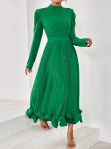 SHEIN Privé Mock Neck Puff Sleeve Ruffle Hem Pleated Ruffle Hem Dress