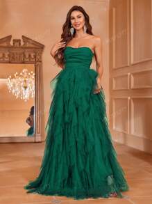 Vestido de novia romántico sin tirantes con falda de tul acampanada y volantes en capas - Perfecto para bodas clásicas, vestido de graduación, recepciones de gala de noche, atuendos de cumpleaños para mujeres, novia
