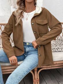 SHEIN LUNE 翻蓋口袋落肩袖毛絨內襯連帽外套