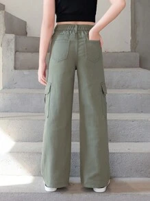 SHEIN Tween 女童休闲时尚洗水牛仔直筒牛仔裤 - 軍綠色 - 查看 2