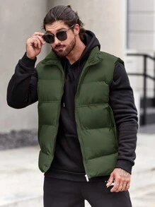 Manfinity 寬鬆版型男士拉鍊前方毛絨背心外套 - 軍綠色 - 查看 3