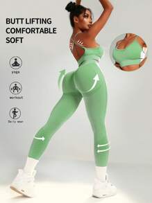 Dewbera 2pcs Seamless High Stretch Yoga Set Tracksuit Gym Set Crisscross Back Cami Hip-Hugging Tummy Control Leggings Workout Women Set Women Leggings Set - Lime Green - View 3