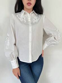 SHEINNeu 女用刺繡燈籠袖襯衫 - 白色 - 查看 4