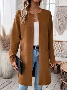 SHEIN Essnce 素色開門襟雙口袋開門襟外套不附腰帶 - 棕色 - 查看 1