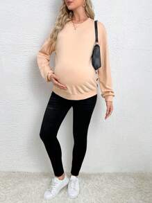 SHEIN 孕婦側邊紐扣落肩袖套頭衫 - 卡其色 - 查看 5