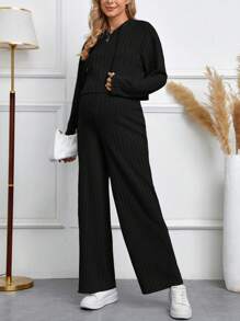 SHEIN Maternity Drop Shoulder Drawstring Hoodie & Adjustable Elastic Waist Pants Set - Black - View 4