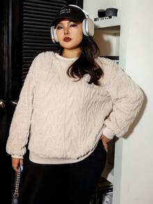 SHEIN EZwear 大碼落肩袖搖粒絨運動衫 - 杏色 - 查看 5