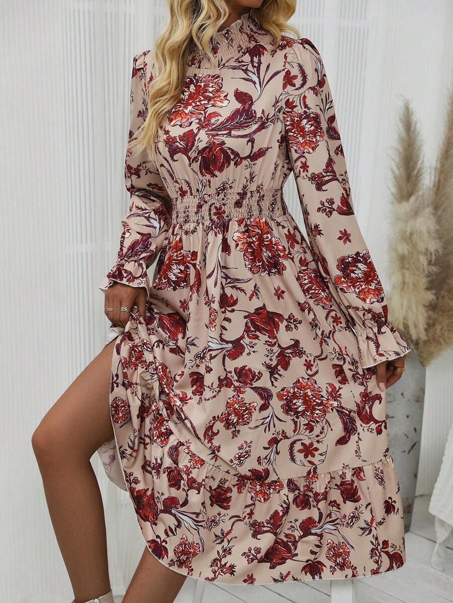 SHEIN Clasi Floral Print Flare Sleeve Ruffle Hem Dress - Multicolor - View 1