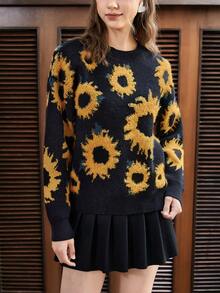 SHEIN EZwear Hoa hướng dương Thả vai Áo len - màu đen - Xem 4