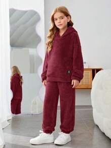 SHEIN Leap Crew Cô gái Tween Thư được vá Thả vai Flannel Áo Hoodie & Quần - Màu Đỏ Sâu - Xem 3