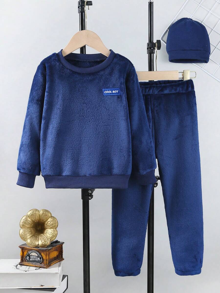 SHEIN 休閒貼布字母男童（小）兩件套 - 藏蓝色 - 查看 1