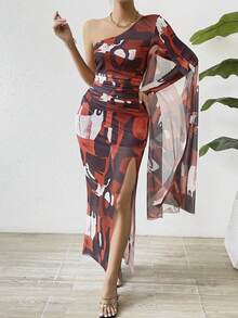 SHEIN Privé 滿版印花單肩高衩洋裝 - 紅色 - 查看 5