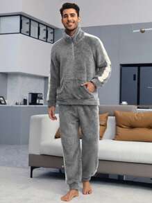 Men 1set Contrast Side Seam Raglan Sleeve Pocket Flannel Pullover Top & Pants PJ Set / Fluffy Loungewear Set, Fall Winter Clothes, Cozy - Grey - View 3