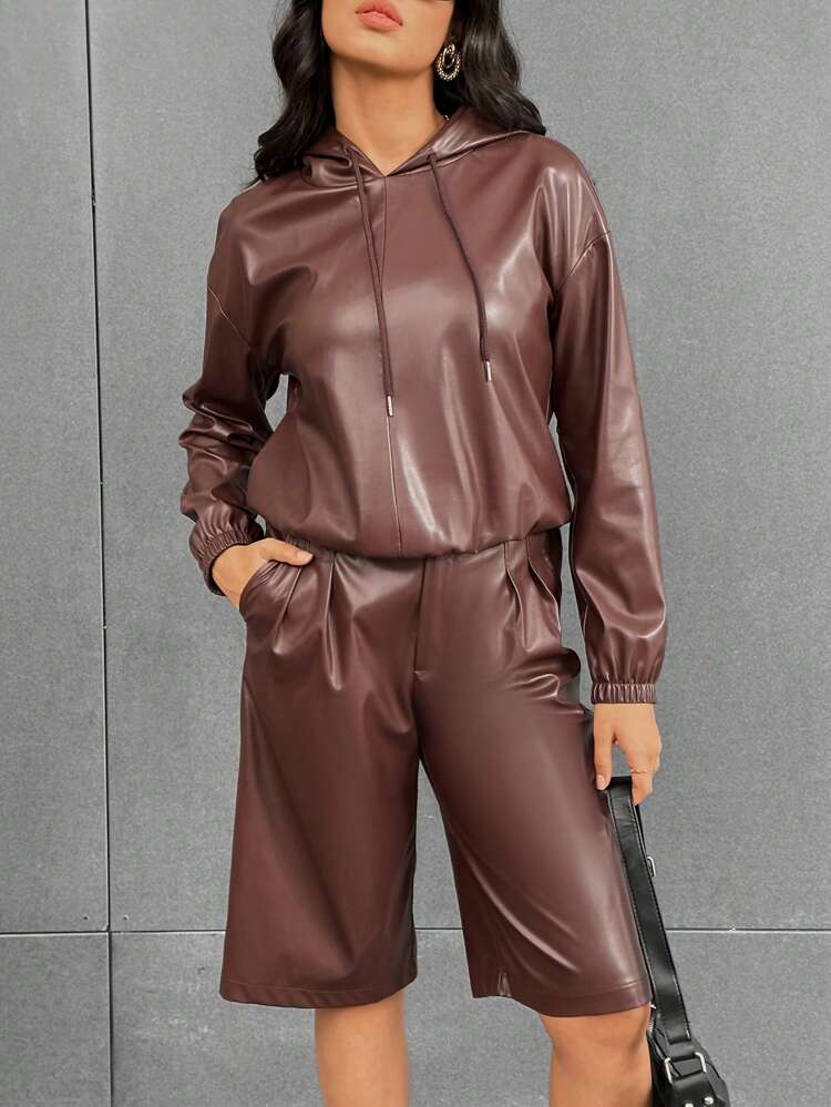 Drop Shoulder Drawstring Hoodie & Shorts