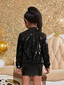 SHEIN Tween Girl Star Print Teddy Lined Bomber Jacket - Black - View 2