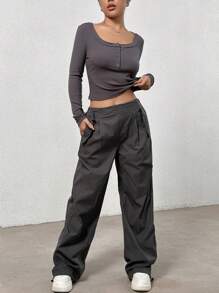 SHEIN EZwear Halve knop Crop T-shirt & Taille met trekkoord Broeken