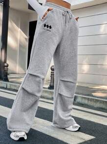 SHEIN Unity Quần nỉ thêu chữ có dây rút eo cho nữ - Màu Xám nhạt - Xem 6