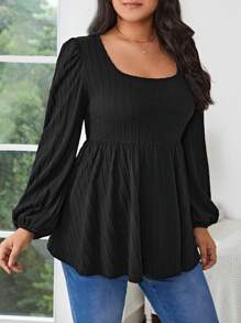 SHEIN Frenchy 大碼燈籠袖荷葉邊下擺T恤不附腰帶 - 黑色 - 查看 3