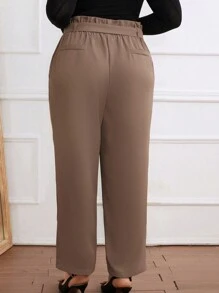 SHEIN Privé Pantalones Largos Con Cintura Tipo Bolsa De Papel De Color Liso De Talla Grande - Marrón - Ver 2