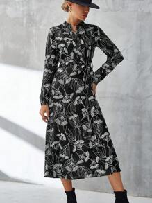 Aveloria Vestido camisero con estampado floral con cinturón