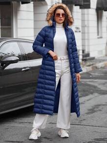 EURMUSE 側口袋拉鍊設計帽裝棉服 - 藏蓝色 - 查看 6