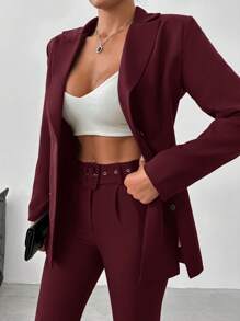 EURMUSE Women'S Solid Color Suit Set With Lapel Collar Jacket And Pants - Maroon - View 4