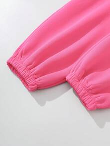 SHEIN EZwear 標語圖案加絨內裏運動衫&腰部抽繩衛褲 - 玫紅色 - 查看 4