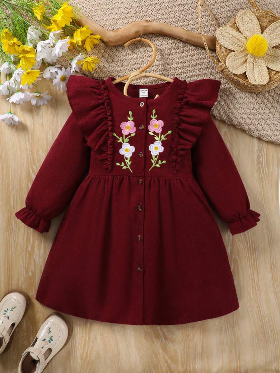 SHEIN 女小童花卉刺繡荷葉邊荷葉袖洋裝