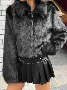 SHEIN EZwear Chất rắn Dây kéo 	
Fuzzy áo - màu đen - Xem 8