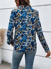 SHEIN LUNE Floral Print Button Front Shirt - Blue - View 3