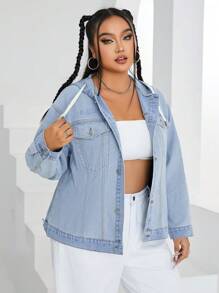 SHEIN EZwear Áo khoác denim trùm đầu có dây rút cài nút cỡ lớn - Màu xanh lam - Xem 5