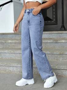 SHEIN ICON 拉鏈門襟直筒牛仔褲 - 淺色水洗藍 - 查看 4