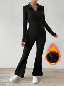 Chiquease Solid Thermal Lined Flare Leg Jumpsuit - Black - View 3